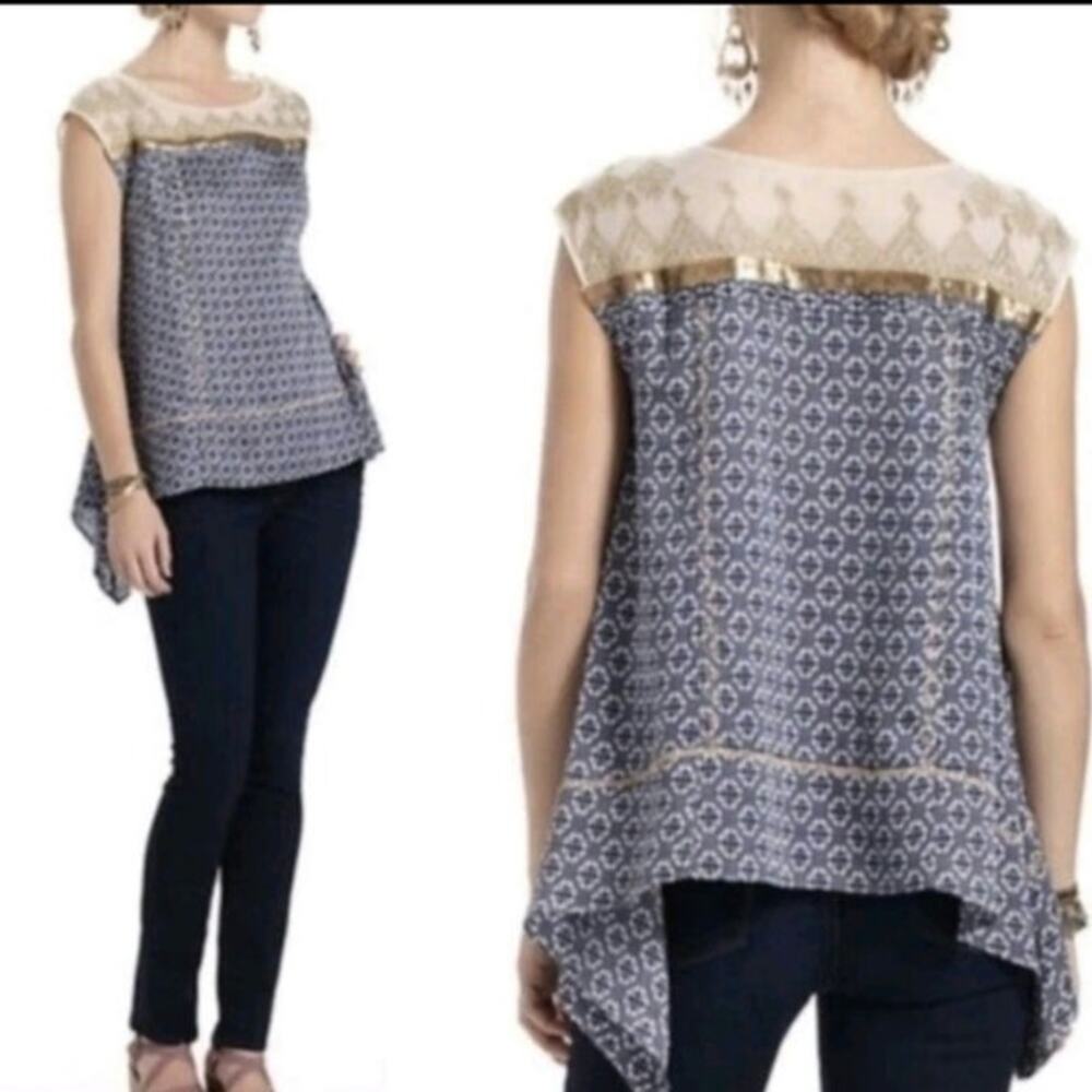 Floreat Anthropologie Gypsy Gold Mesh Embroidered Elegant Sparkle Blouse EUC M